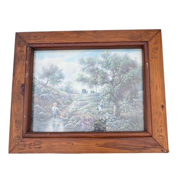 Vintage Framed Print Amish Children Playing Rustic Wood Frame 22x18 Carl Valente - Picture 1 of 4